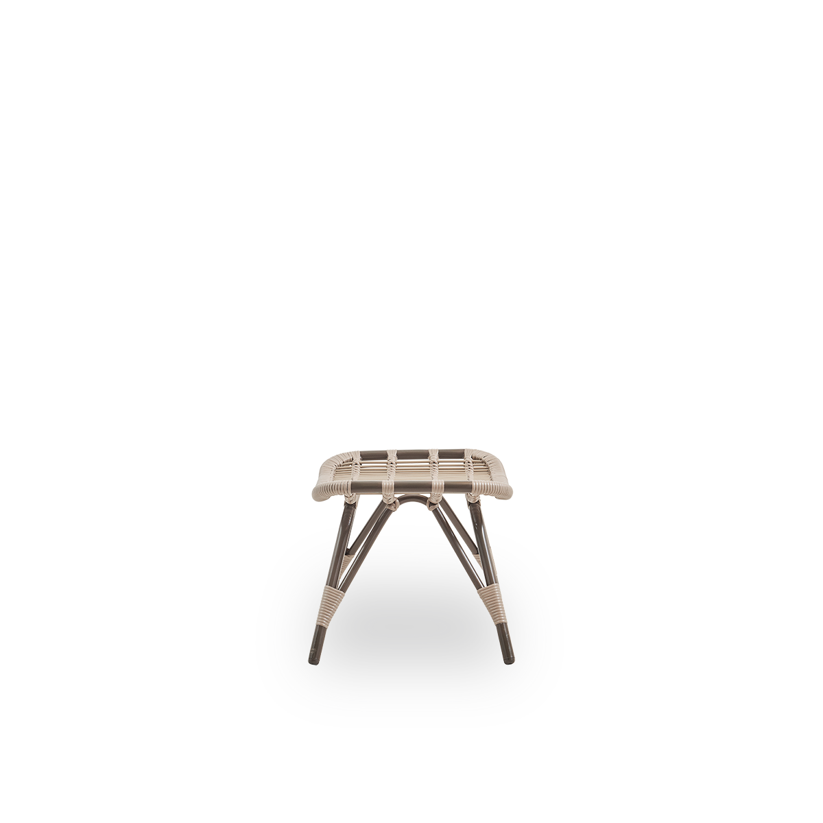 Plain side view of Monet outdoor footstool in Moccaccino color. Aluminium frame with ArtFibre windings.