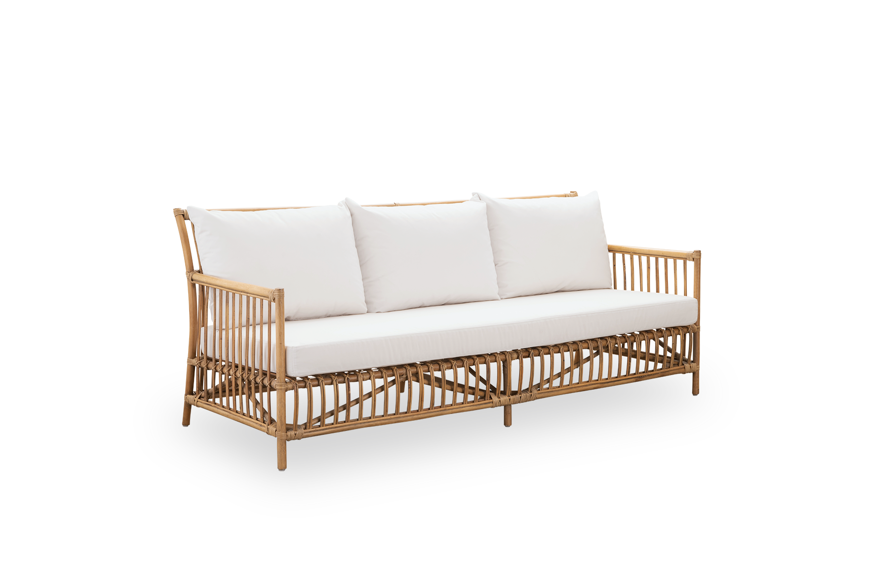Side view of Caroline outdoor 3-seater sofa in Antique color, simple and elegant Danish design. Aluminium frame in rattan look with ArtFibre bindings.