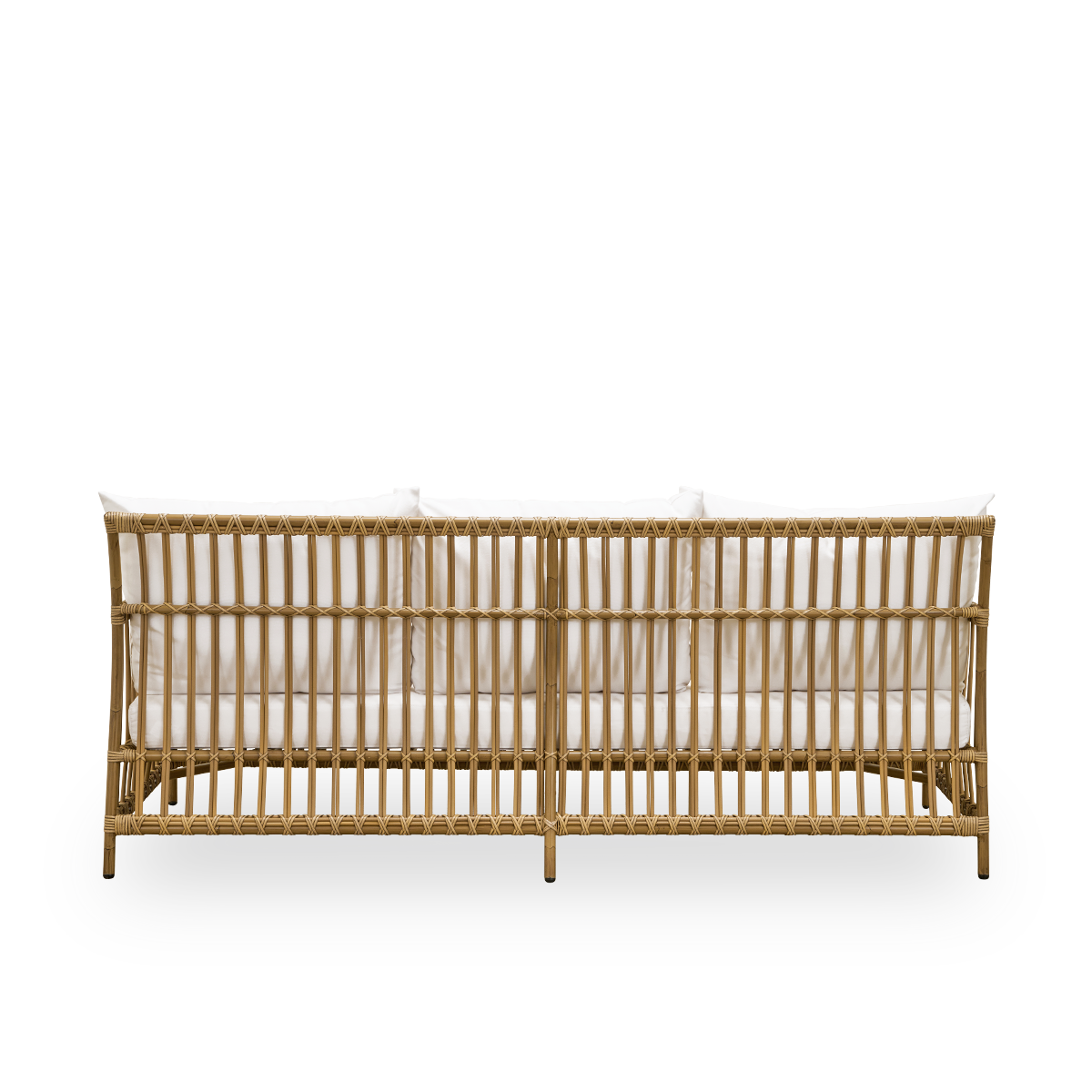 Plain back view of Caroline outdoor 3-seater sofa in Antique color, simple and elegant Danish design. Aluminium frame in rattan look with ArtFibre bindings.