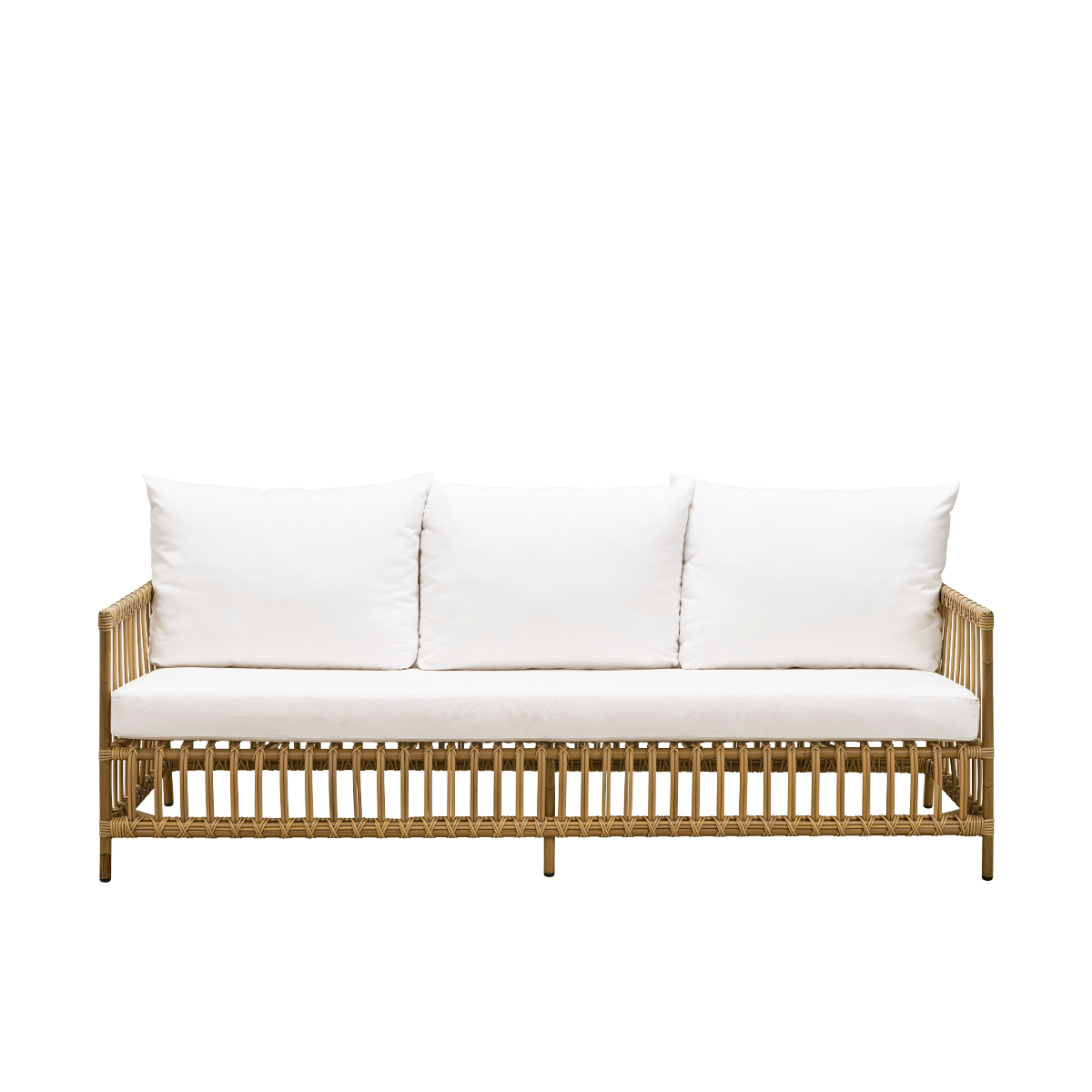 Front view of Caroline outdoor 3-seater sofa in Antique color, simple and elegant Danish design. Aluminium frame in rattan look with ArtFibre bindings.