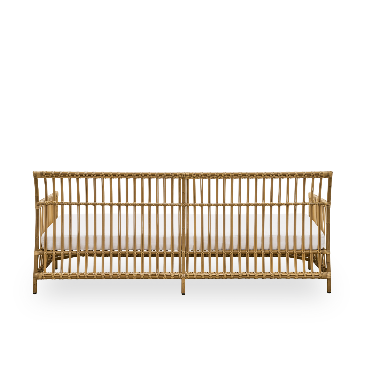 Plain back view of Caroline outdoor 3-seater sofa in Antique color, simple and elegant Danish design. Aluminium frame in rattan look with ArtFibre bindings.