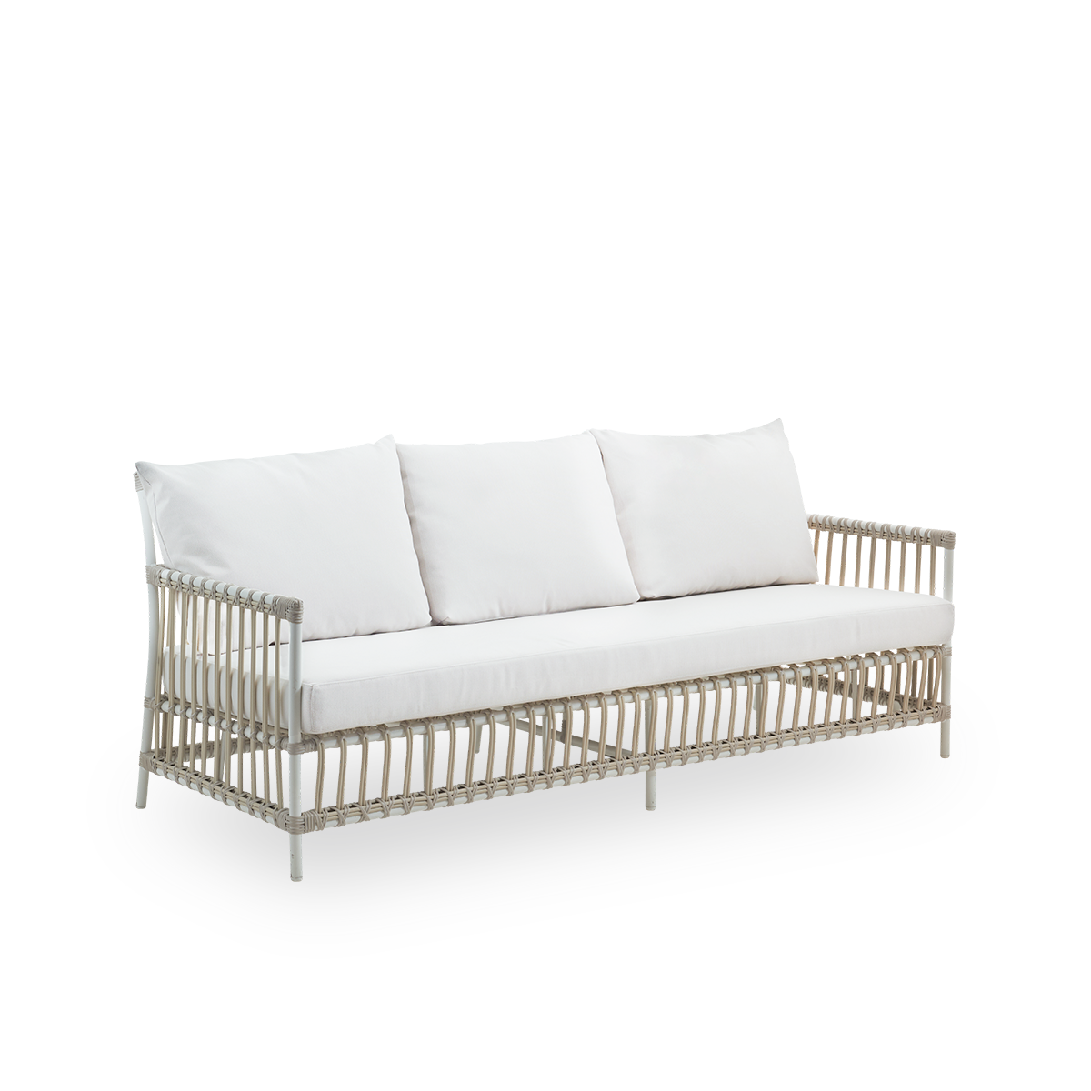 Side view of Caroline outdoor 3-seater sofa in dove white color, simple and elegant Danish design. Aluminium frame with ArtFibre bindings.