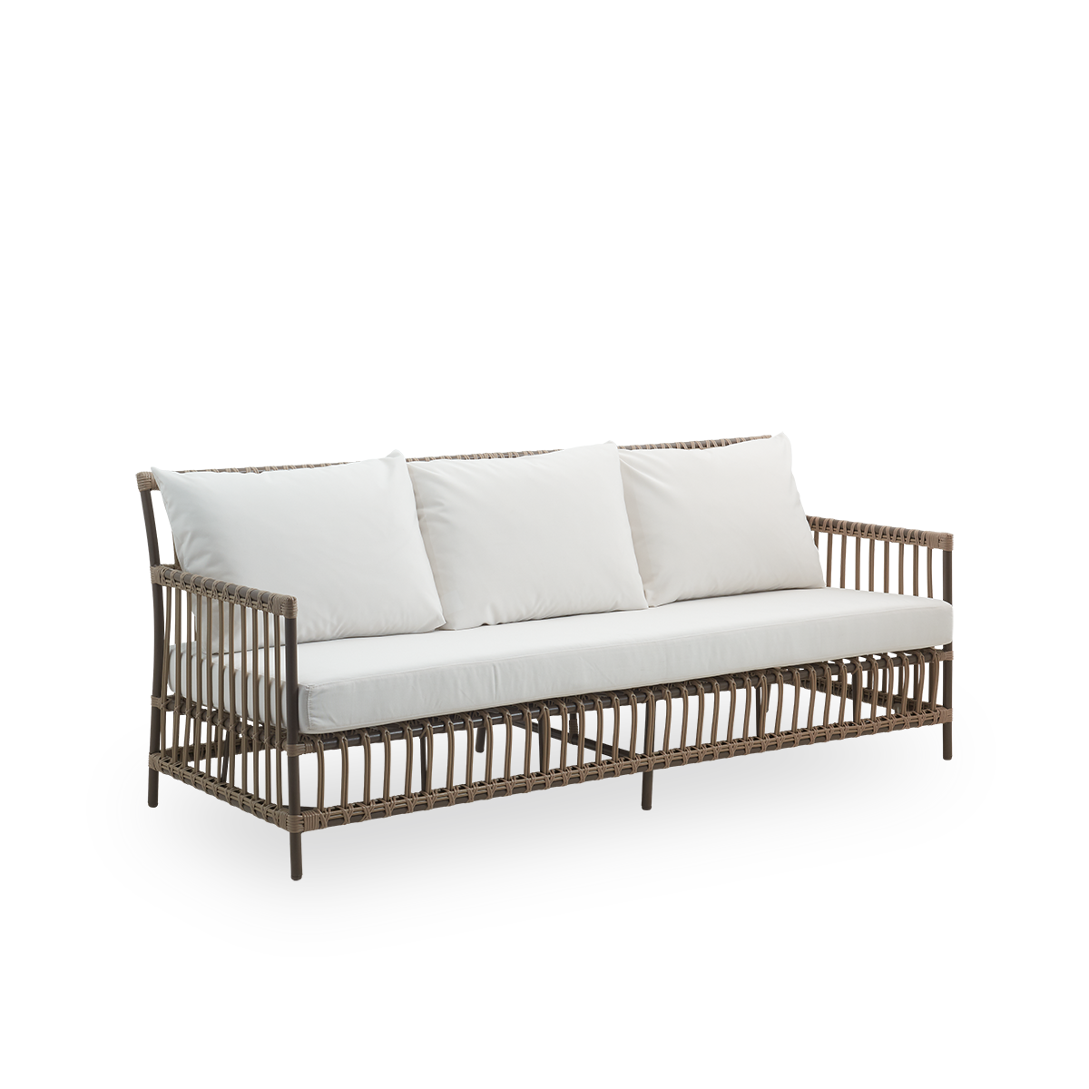 Side view of Caroline outdoor 3-seater sofa in Moccaccino color, simple and elegant Danish design. Aluminium with ArtFibre bindings.