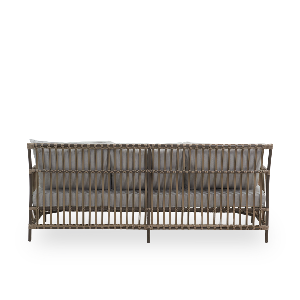 Plain back view of Caroline outdoor 3-seater sofa in Moccaccino color, simple and elegant Danish design. Aluminium frame with ArtFibre bindings.