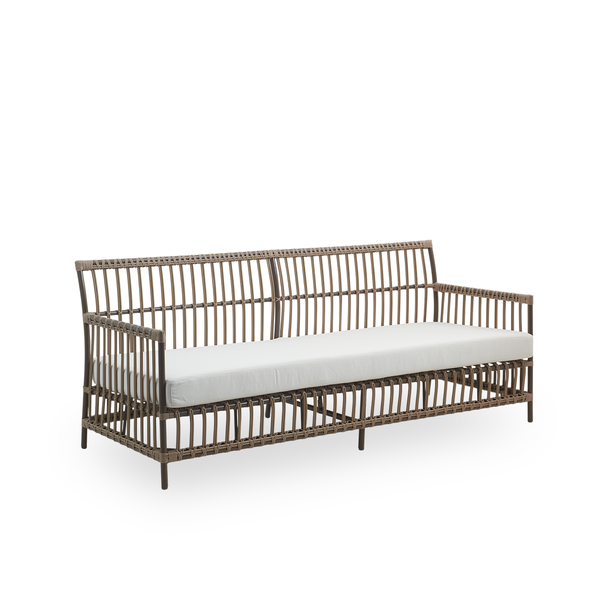 Side view of Caroline outdoor 3-seater sofa in Moccaccino color, simple and elegant Danish design. Aluminium with ArtFibre bindings.