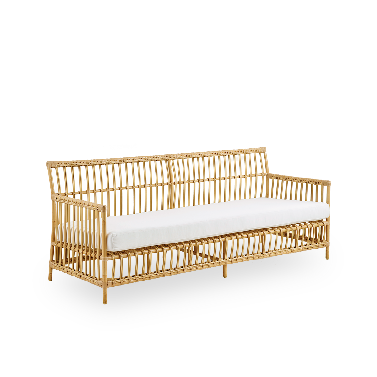 Side view of Caroline outdoor 3-seater sofa in Natural color, simple and elegant Danish design. Aluminium frame in rattan look with ArtFibre bindings.