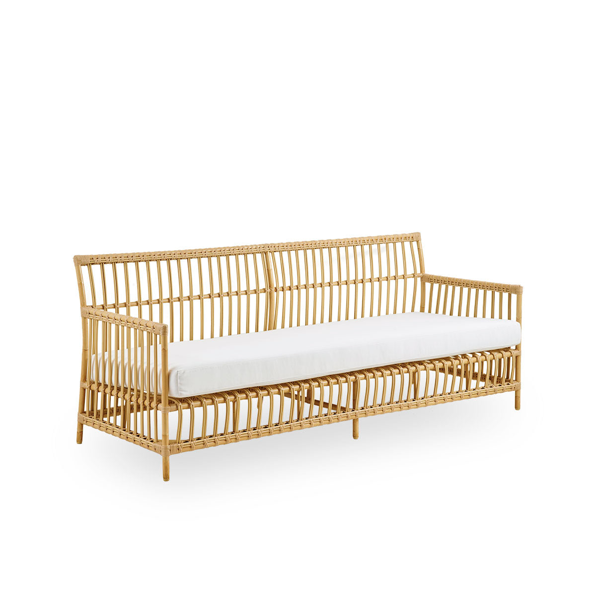 Side view of Caroline outdoor 3-seater sofa in Natural color, simple and elegant Danish design. Aluminium frame in rattan look with ArtFibre bindings.