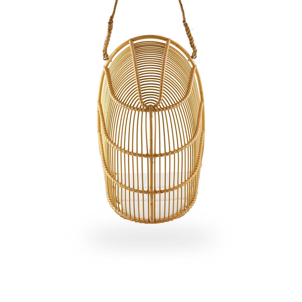 Plain back view of Renoir outdoor hanging chair. Soft, embracing shape fitted with rope for hanging. Aluminium frame in rattan look with ArtFibre bindings.