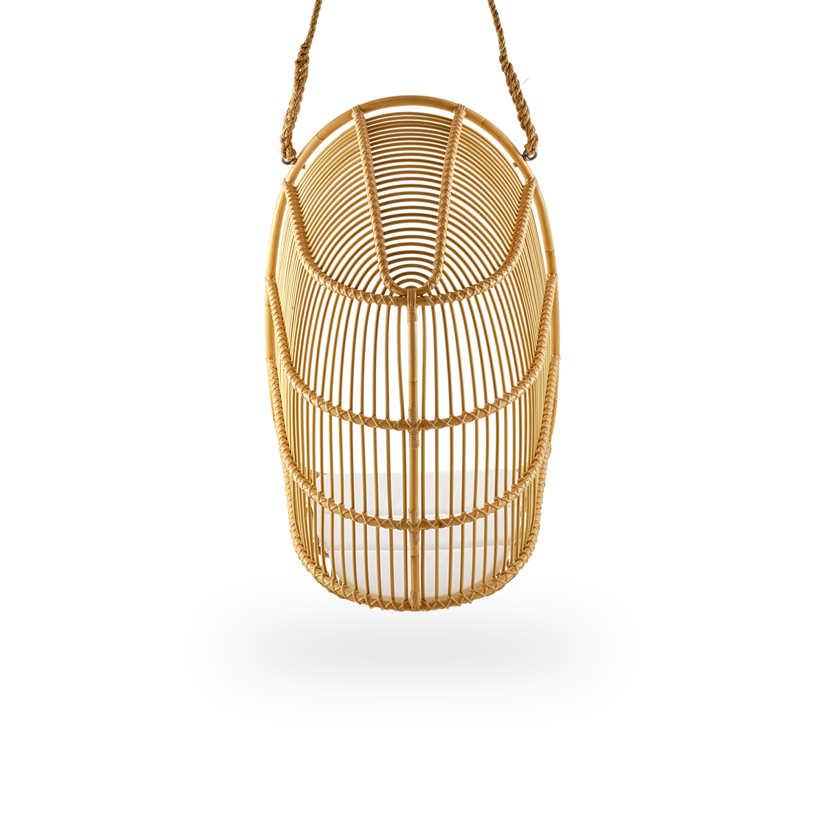 Plain back view of Renoir outdoor hanging chair. Soft, embracing shape fitted with rope for hanging. Aluminium frame in rattan look with ArtFibre bindings.