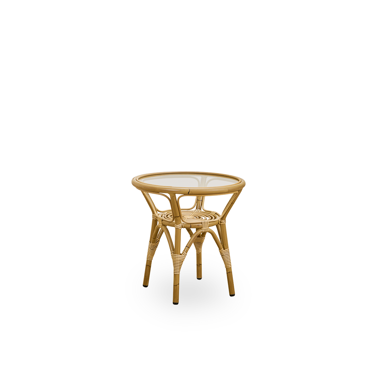 Side view of Tony outdoor side table with 8mm tempered glass top fixed inside the table frame. Aluminium frame in Antique rattan look with ArtFibre bindings.