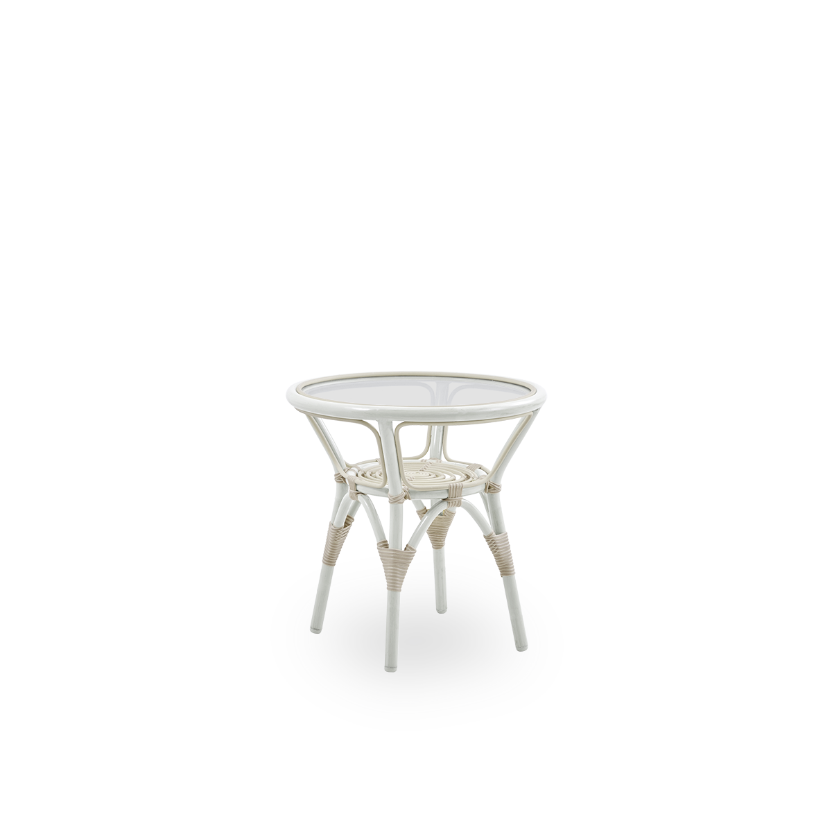 Side view of Tony outdoor side table with 8mm tempered glass top fixed inside the table frame. Aluminium frame in white color with ArtFibre bindings.