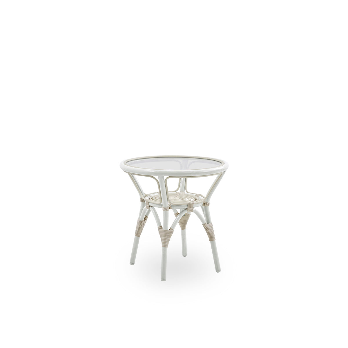 Side view of Tony outdoor side table with 8mm tempered glass top fixed inside the table frame. Aluminium frame in white color with ArtFibre bindings.