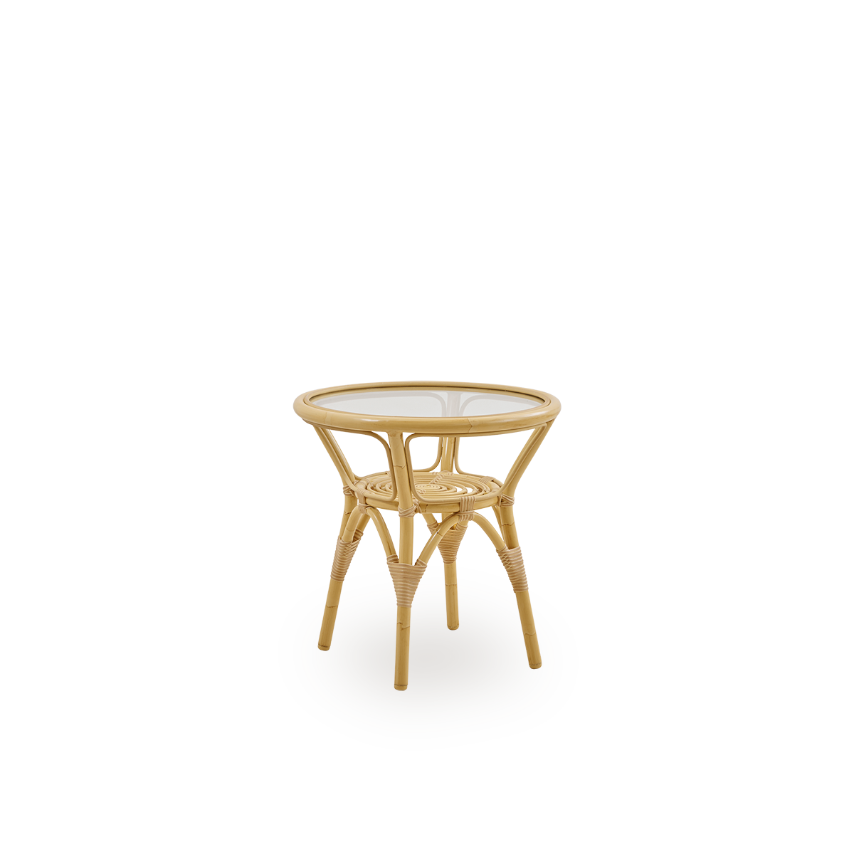 Side view of Tony outdoor side table with 8mm tempered glass top fixed inside the table frame. Aluminium frame in rattan look with ArtFibre bindings.