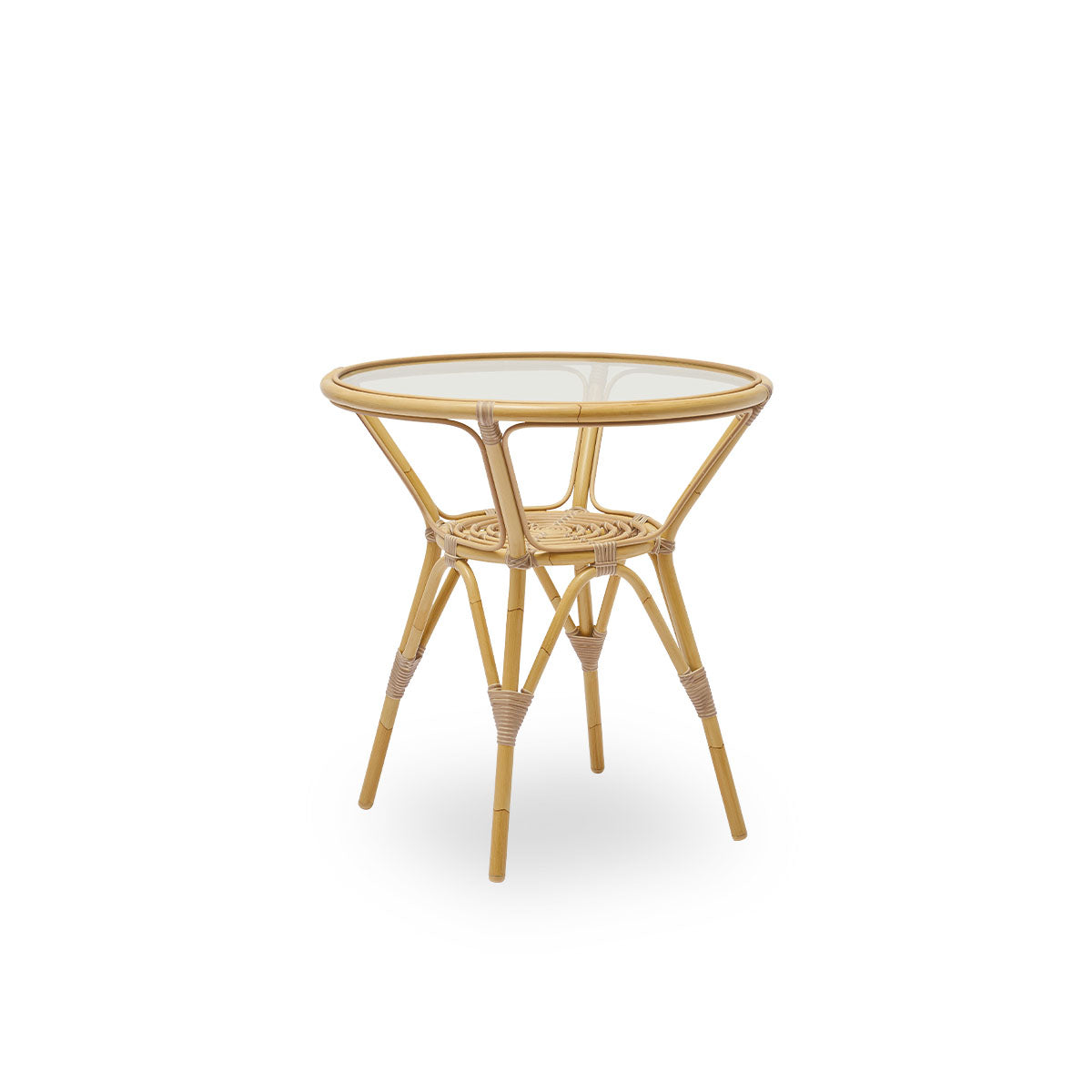 Side view of Tony outdoor café table with 8mm tempered glass top fixed inside the table frame. Aluminium frame in rattan look with ArtFibre bindings.