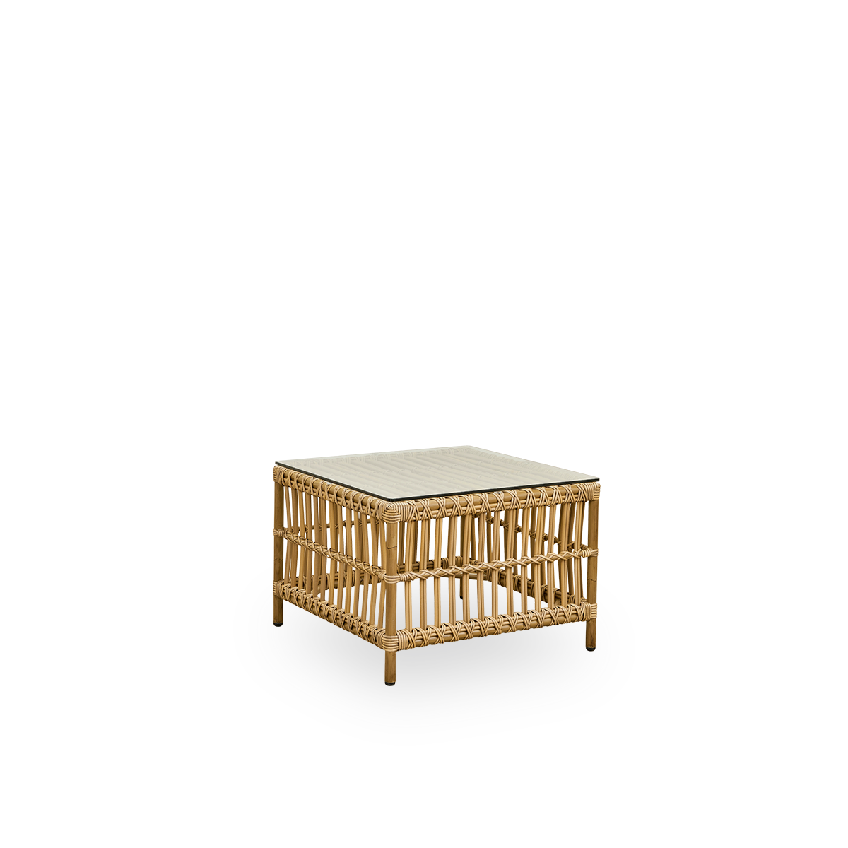 Side view of The Caroline Exterior side table in the color Antique that looks like brown-tinted rattan. A small, squared outdoor side table that offers unique strength and durability. The frame is made from aluminum with elegant ArtFibre details.