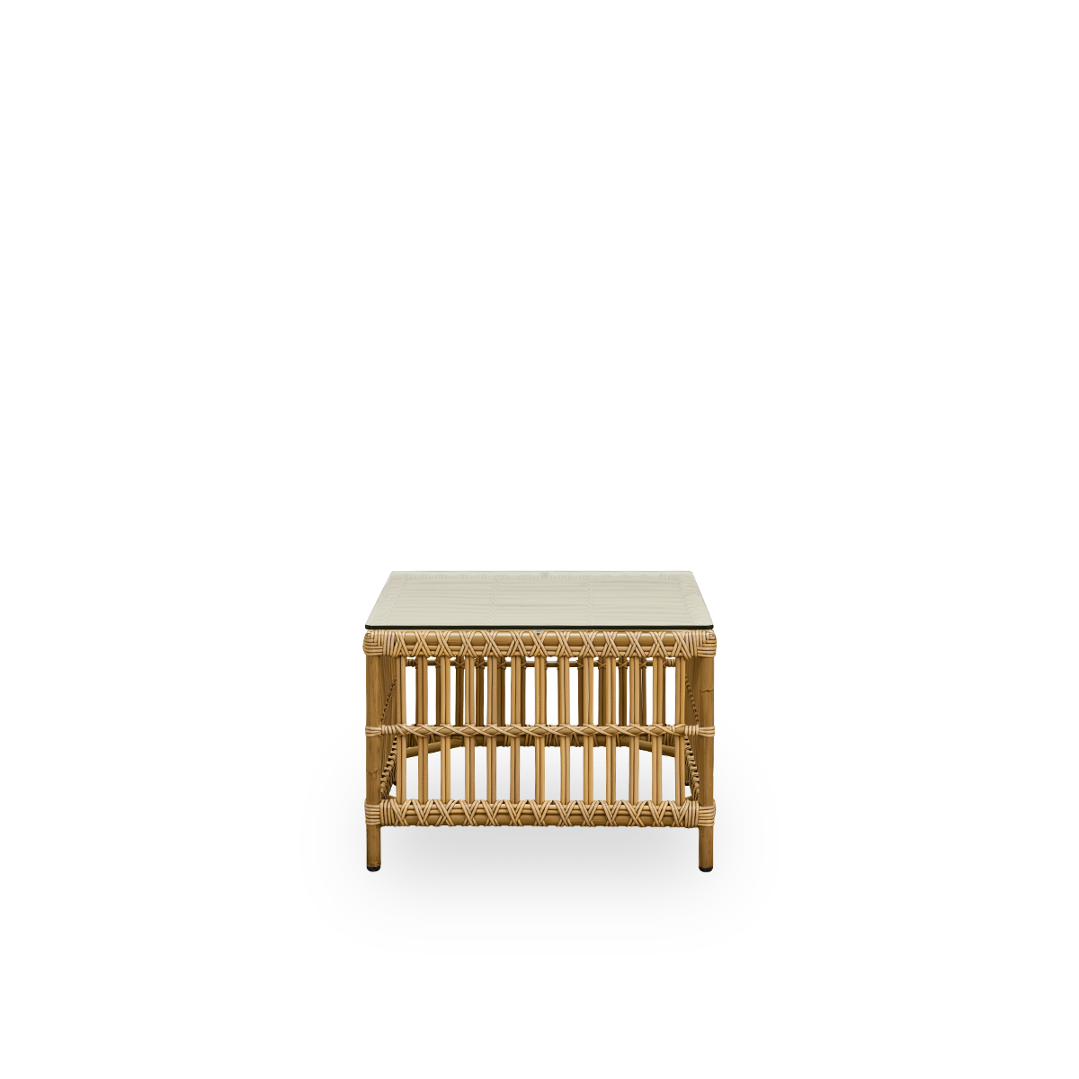 Front view of the Caroline Exterior side table in the color Antique that looks like brown-tinted rattan. A small, squared outdoor side table that offers unique strength and durability. The frame is made from aluminium with elegant ArtFibre details.