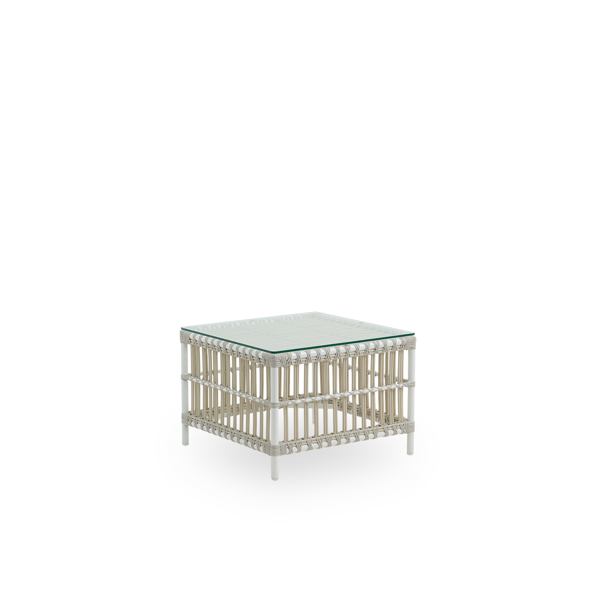 Side view of The Caroline Exterior side table in dove white. This is a small, elegant outdoor side table that offers unique strength and durability. The frame of the side table is made from aluminum with elegant ArtFibre details.