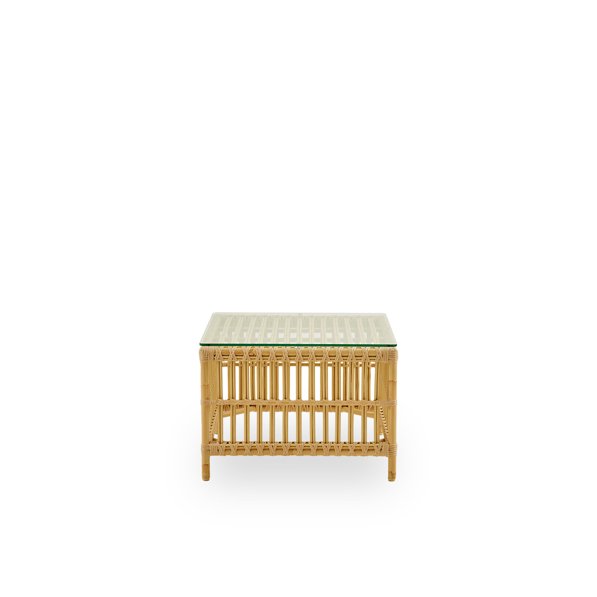 Plain side view of The Caroline Exterior side table in the color Natural that looks like rattan. A small, elegant outdoor side table that offers unique strength and durability. The frame is made from aluminum with elegant ArtFibre details.