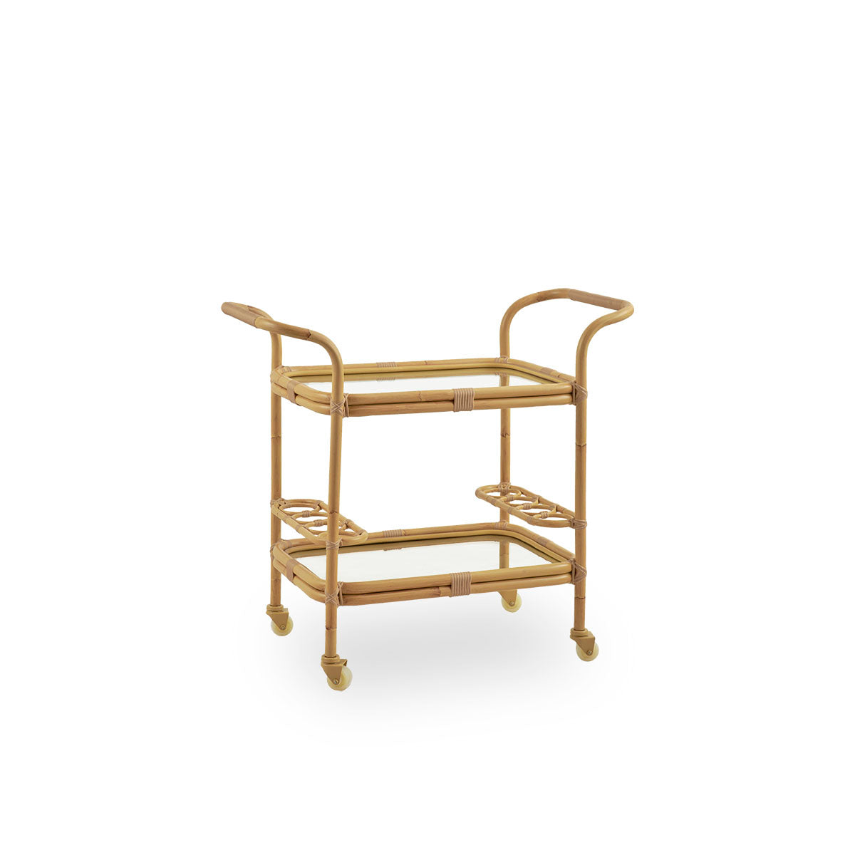 Side view of the Carlo Exterior bar trolley, a decorative and practical trolley for outdoor. The trolley has an aluminum frame in handpainted rattan look presented with handmade ArtFibre details making it a cozy add on for outdoor areas. 