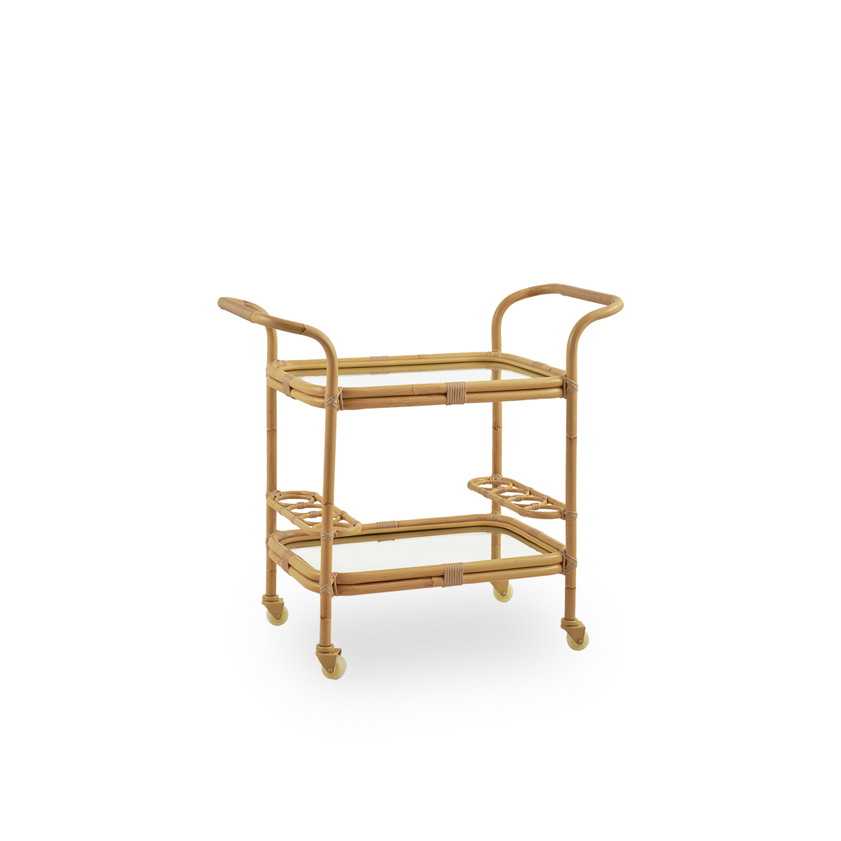 Side view of the Carlo Exterior bar trolley, a decorative and practical trolley for outdoor. The trolley has an aluminum frame in handpainted rattan look presented with handmade ArtFibre details making it a cozy add on for outdoor areas. 