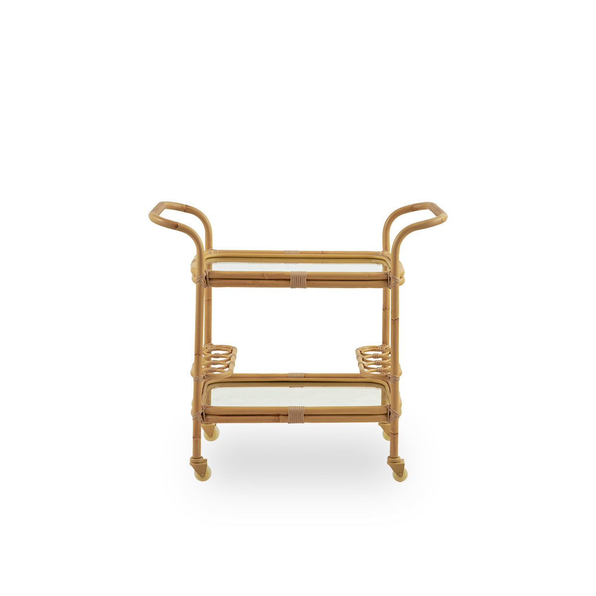 Plain side view of the Carlo Exterior bar trolley, a decorative and practical trolley for outdoor. The trolley has an aluminum frame in handpainted rattan look presented with handmade ArtFibre details making it a cozy add on for outdoor areas. 