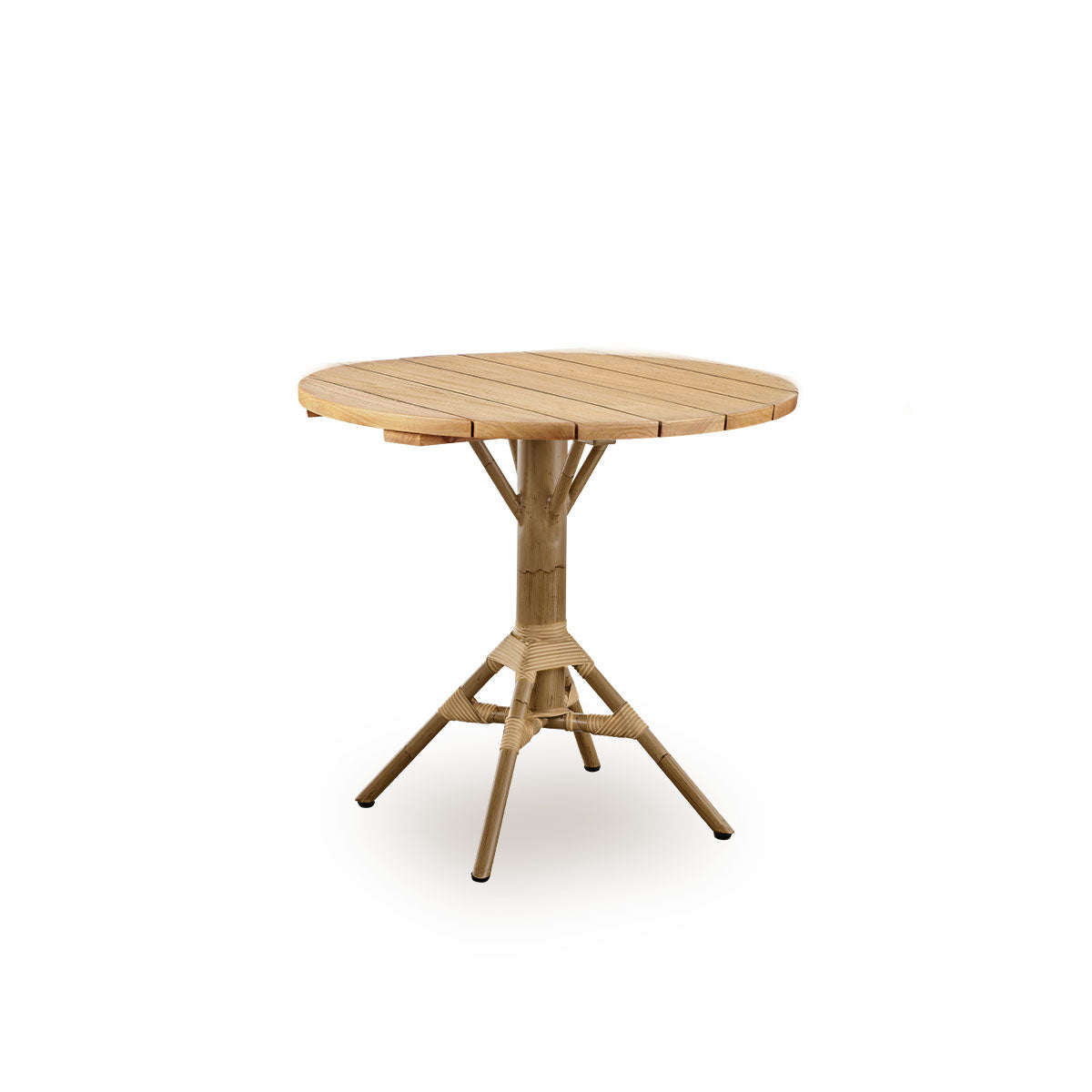 Side view of Nicole outdoor café table, inspired by French café style. Powder-coated aluminum base in Antique rattan look with ArtFibre windings, with round chestnut brown teak top Ø80 cm.