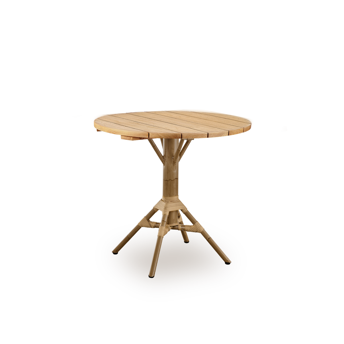 Side view of Nicole outdoor café table, inspired by French café style. Powder-coated aluminum base in Antique rattan look with ArtFibre windings, with round chestnut brown teak top Ø80 cm.