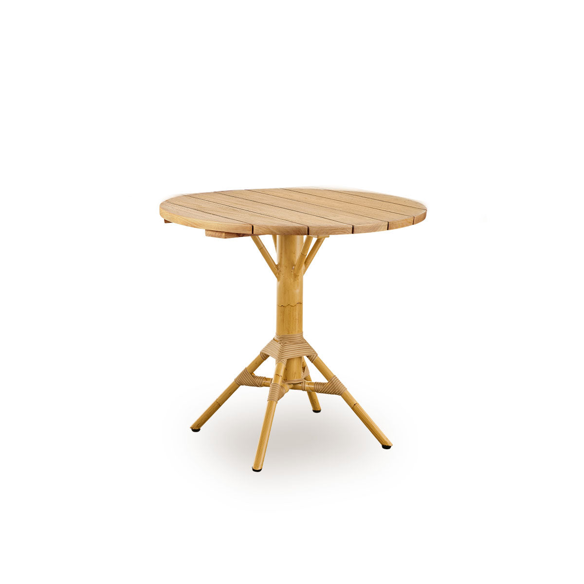 Side view of Nicole outdoor café table, inspired by French café style. Powder-coated aluminum base in natural rattan look with ArtFibre windings, with round chestnut brown teak top Ø80 cm.