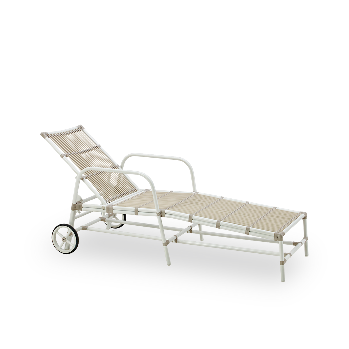 Side view of Josephine sunbed with adjustable backrest and wheels for easy mobility, aluminium frame in Dove White color with ArtFibre windings.