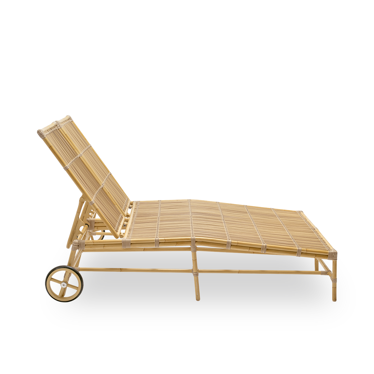 Plain side view of the Julietta exterior double sunbed, in natural aluminium and ArtFibre. Designed by Sika-Design and built in weather-resistant materials for two to share. Handwoven in weather-resistant ArtFibre on an aluminium frame for outdoor use.