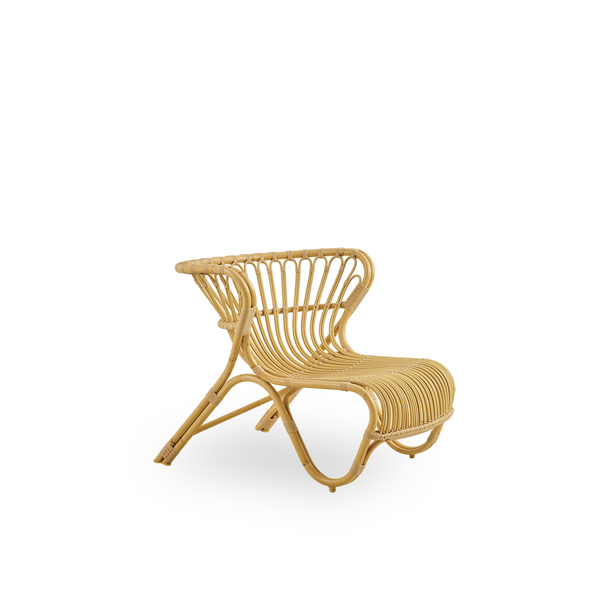 Side view of Fox Exterior lounge chair in natural rattan look, award-winning design by Viggo Boesen, low curvy lounge chair with hand-bent aluminium frame and ArtFibre windings.