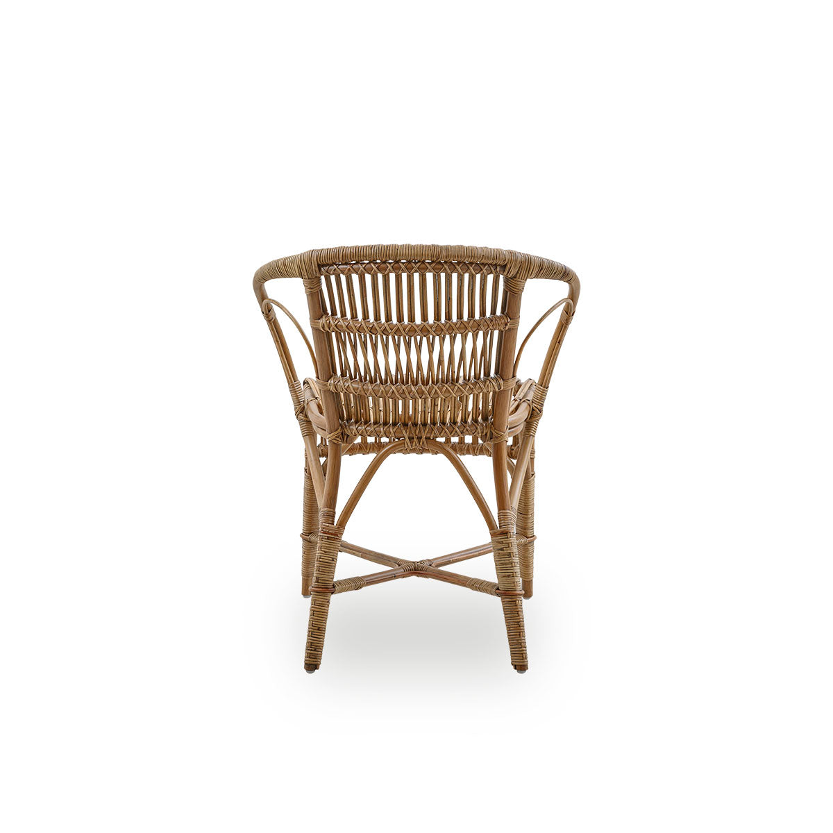 Plain back view of Robert dining chair in antique brown color designed by Robert W. Elegant wicker chair handcrafted from high-quality Indonesian rattan.