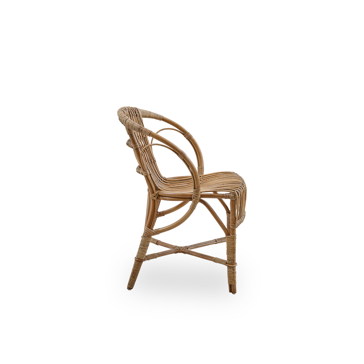 Plain side view of Robert dining chair in antique brown color designed by Robert W. Elegant wicker chair handcrafted from high-quality Indonesian rattan.