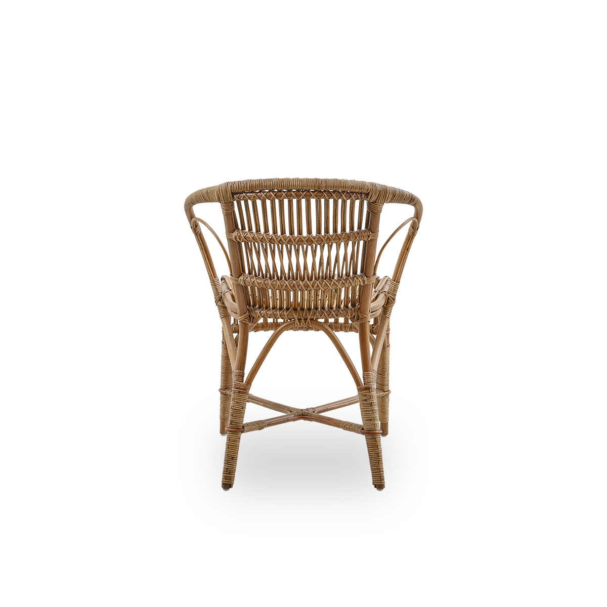 Plain back view of Robert dining chair in antique brown color designed by Robert W. Elegant wicker chair handcrafted from high-quality Indonesian rattan.