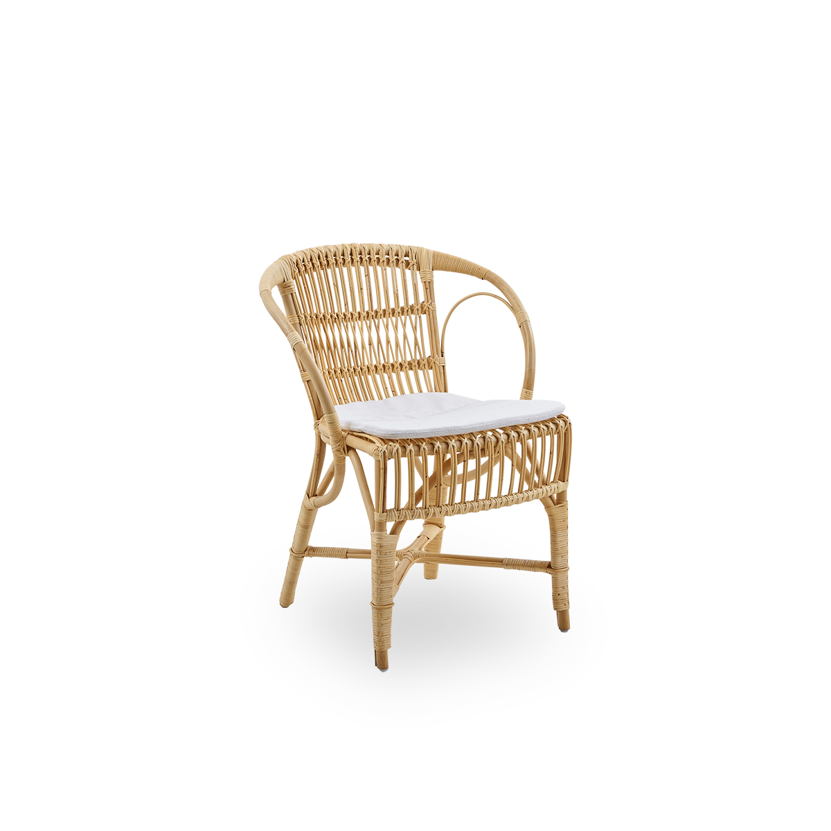 Side view of Robert dining chair in natural color designed by Robert W. Elegant wicker chair handcrafted from high-quality Indonesian rattan.