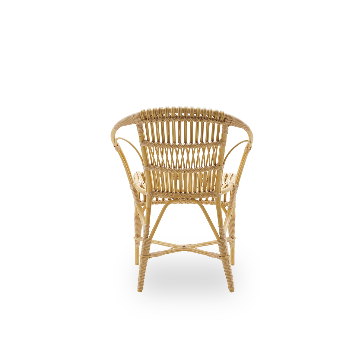 Plain back view of Robert Exterior lounge chair designed by Robert W. Aluminium frame in rattan look with ArtFibre bindings with detailed woven seat and backrest.