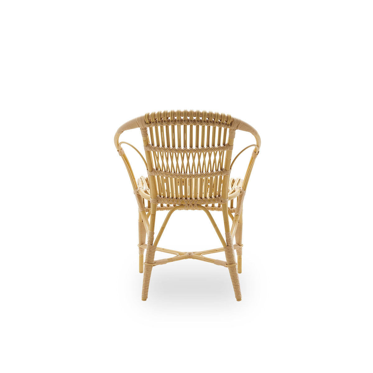 Plain back view of Robert Exterior lounge chair designed by Robert W. Aluminium frame in rattan look with ArtFibre bindings with detailed woven seat and backrest.