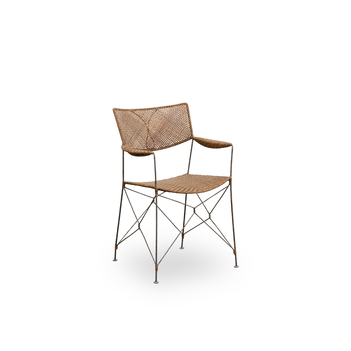 Side view of Rap dining chair designed by Yuzuru Yamakawa. Steel frame with seat and backrest handwoven with Indonesian rattan, lightweight chair combining Japanese design with traditional indonesian craftsmanship.