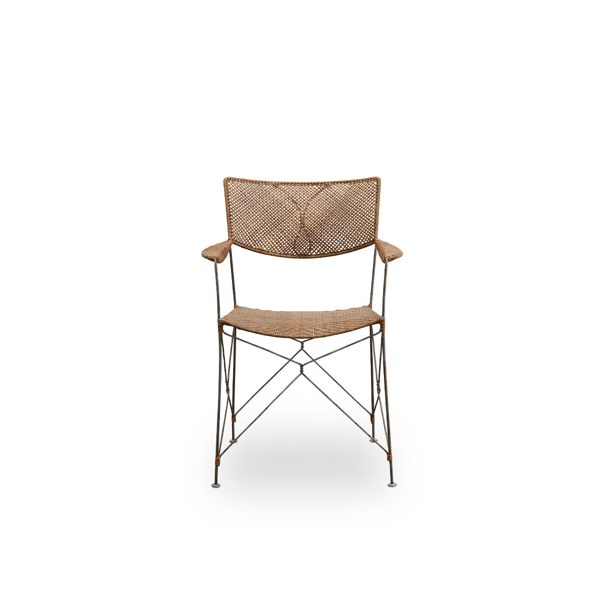 Front view of the Rap dining chair designed by Yuzuru Yamakawa.
Steel frame with seat and backrest handwoven with Indonesian rattan. Lightweight chair combining Japanese design with traditional Indonesian craftsmanship.