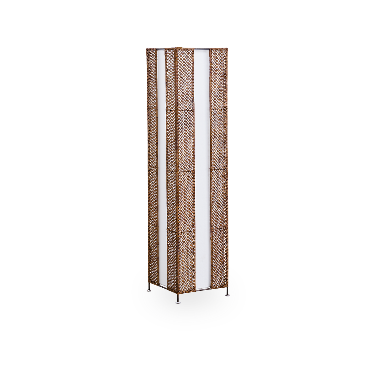 Side view of Yamakawa floor lampshade designed by Yuzuru Yamakawa, height 125 cm. Handcrafted in Indonesian rattan on a steel frame with elegant Japanese-inspired lines.